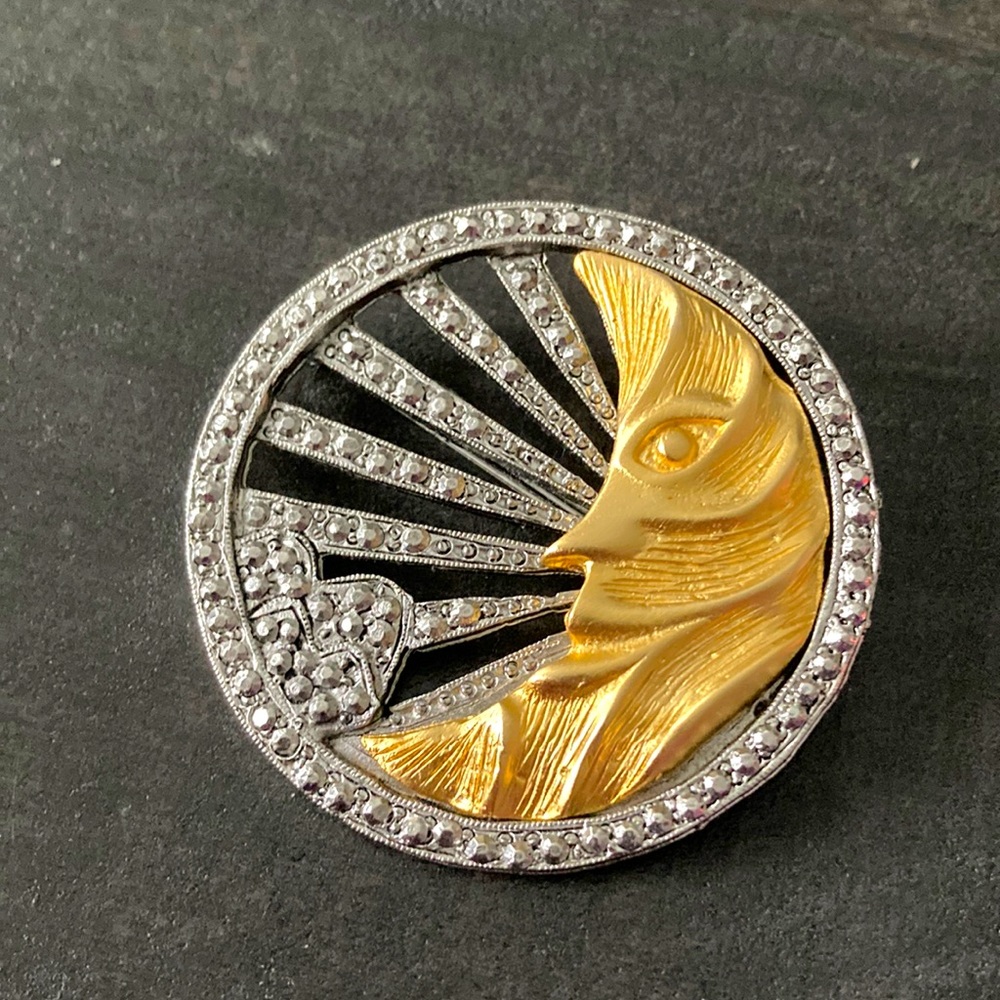 Vintage Ultra Craft signed matte gold sun and marcasite like metal brooch